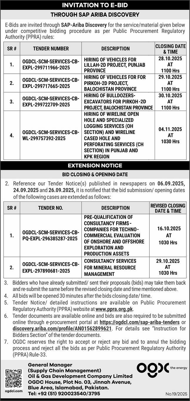 Oil & Gas Development Company Limited Islamabad Tender Notice